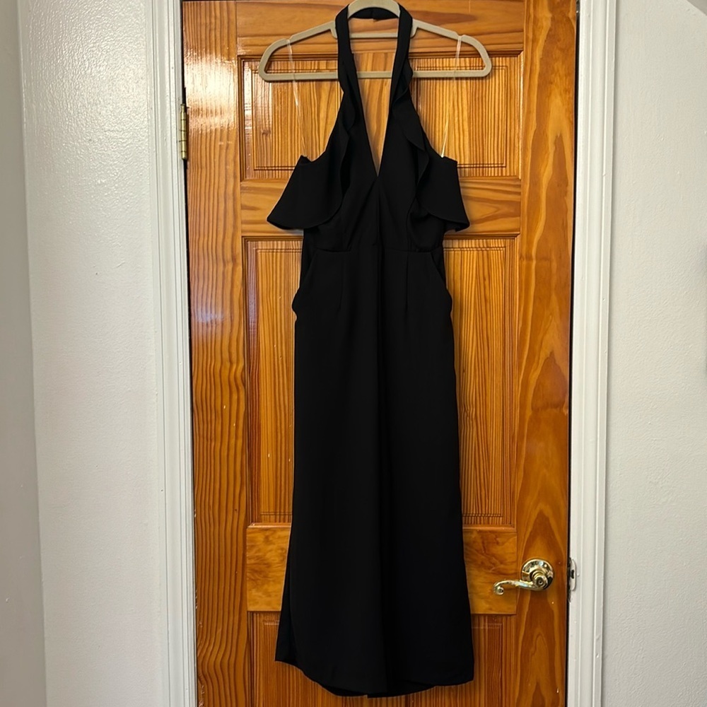 Lightweight crepe black summer jumper/ jumpsuit/ bodysuit halter ruffles